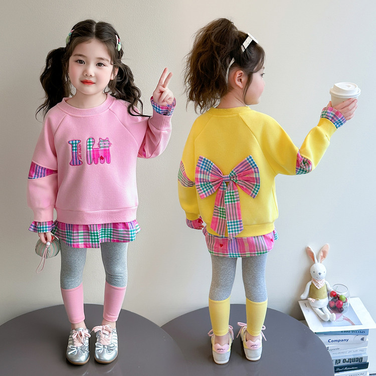Girls' Bow Plaid Top and Leggings Set