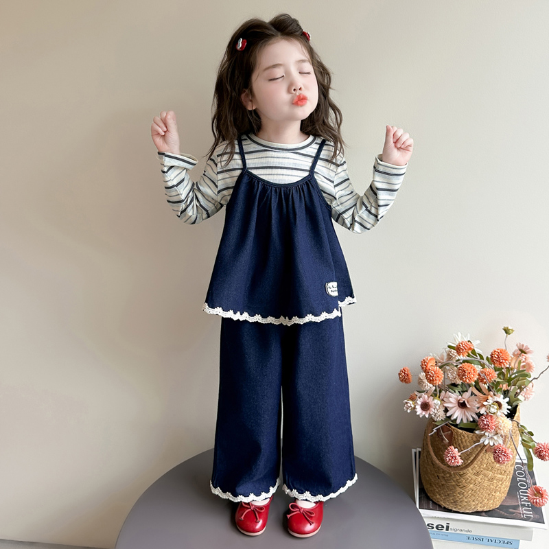 Girls' Striped Top Denim Three-Piece Set