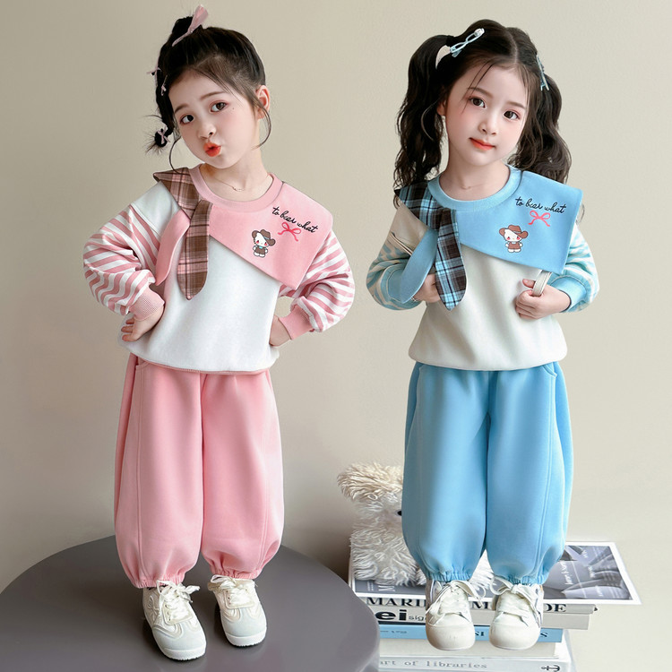 Girls' Plaid-Collar Sweatshirt Set