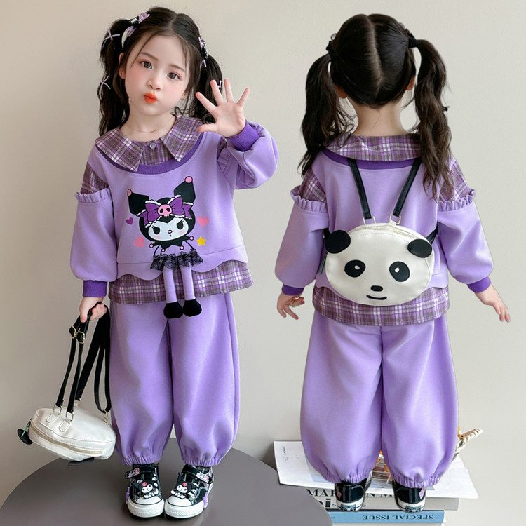 Girls' Cartoon Plaid Sweatshirt Set