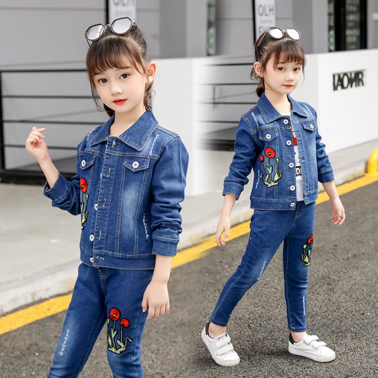 星星年华&dx03344女童红花牛仔两件套