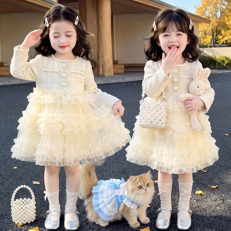 Girls' Crewneck Bow Long-Sleeve Dress